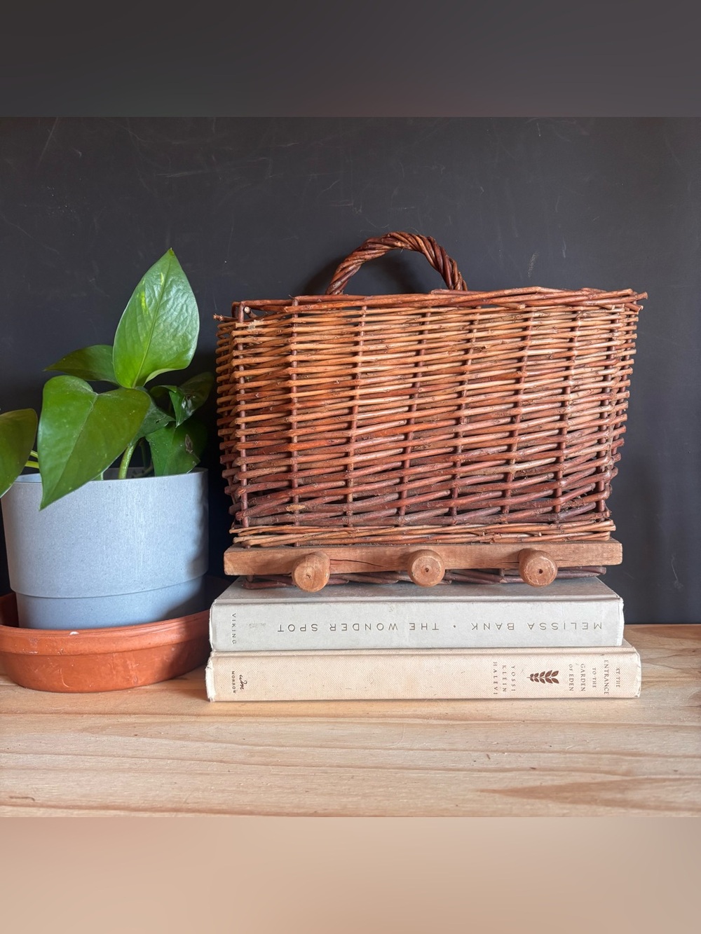 Woven Rattan Basket with Handle in Warm Brown with pegs